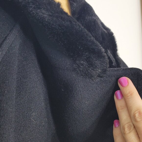 Heritage House Vintage Black Pure Virgin Wool Faux Fur Belted Double-Breasted - Picture 7 of 13